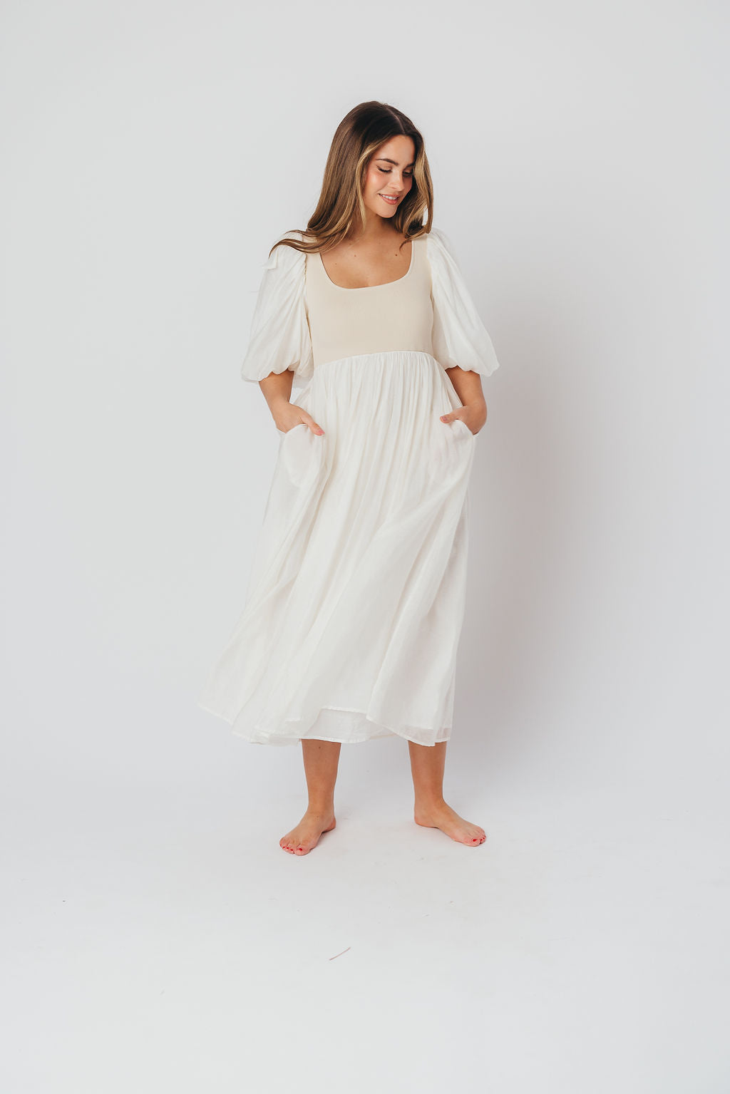 endless rose Women's Smocked Drop Waist Combination Maxi Dress, White, M at  Amazon Women's Clothing store